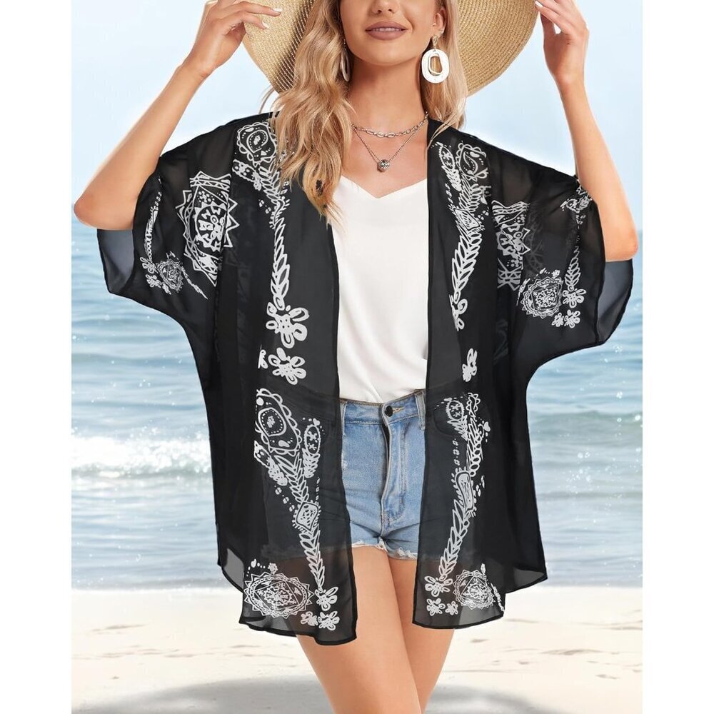 🆕Women Black Floral Kimono Cardigan Beach Cover-up Casual Jacket Polyester - Picture 4 of 6